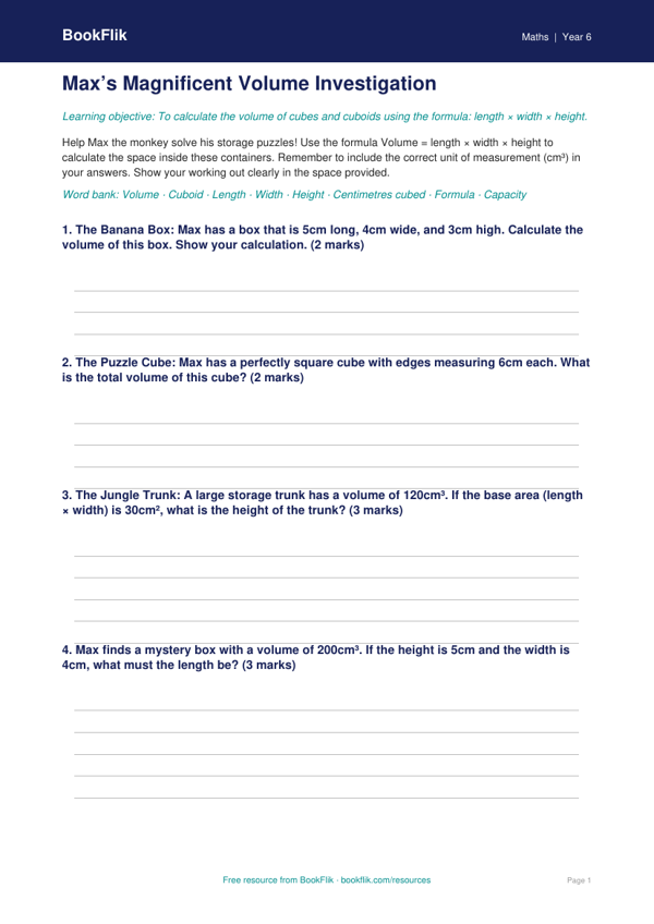 Free Volume Template | Year 6 Core | BookFlik worksheet preview — Maths Volume