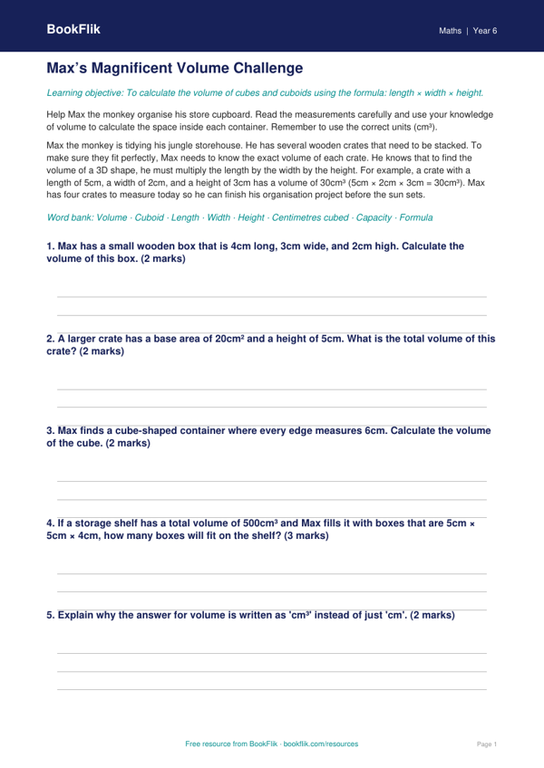 Free Volume Track Sheet | Year 6 Core | BookFlik worksheet preview — Maths Volume
