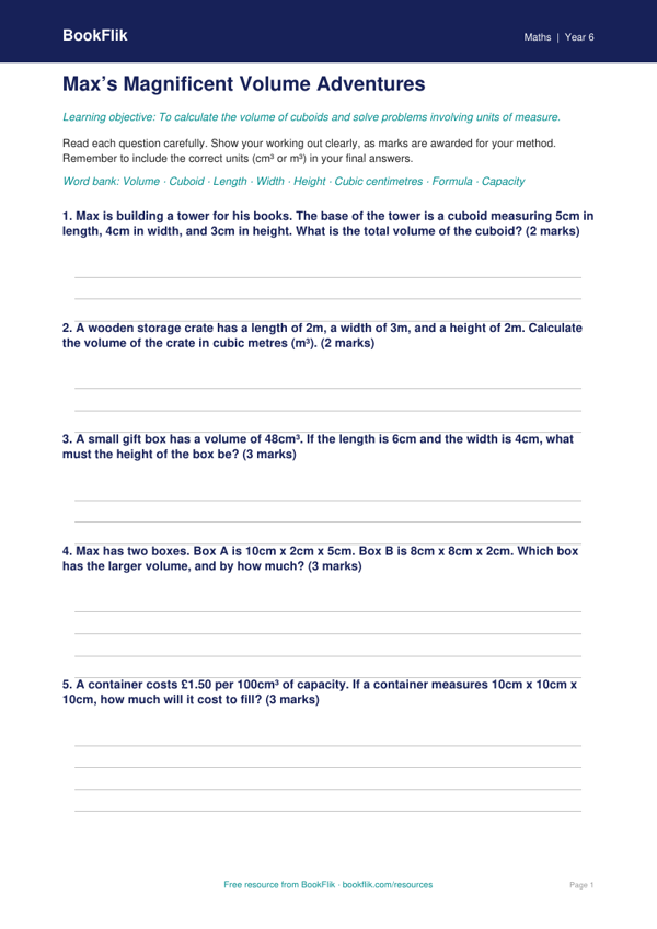 Free Volume Worksheet | Year 6 Core | BookFlik worksheet preview — Maths Volume
