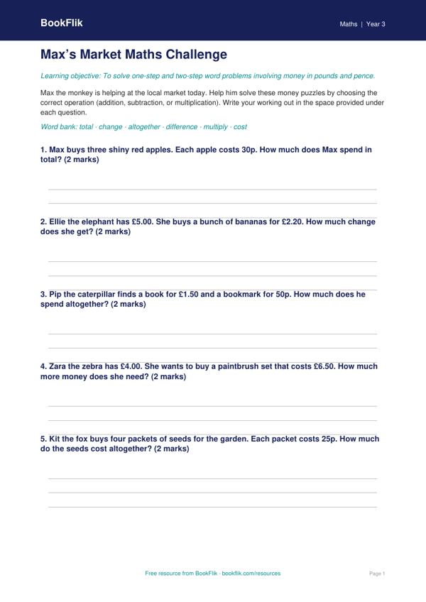 Free Word Problems Activity Sheet | Year 3 Core | BookFlik worksheet preview — Maths Word Problems