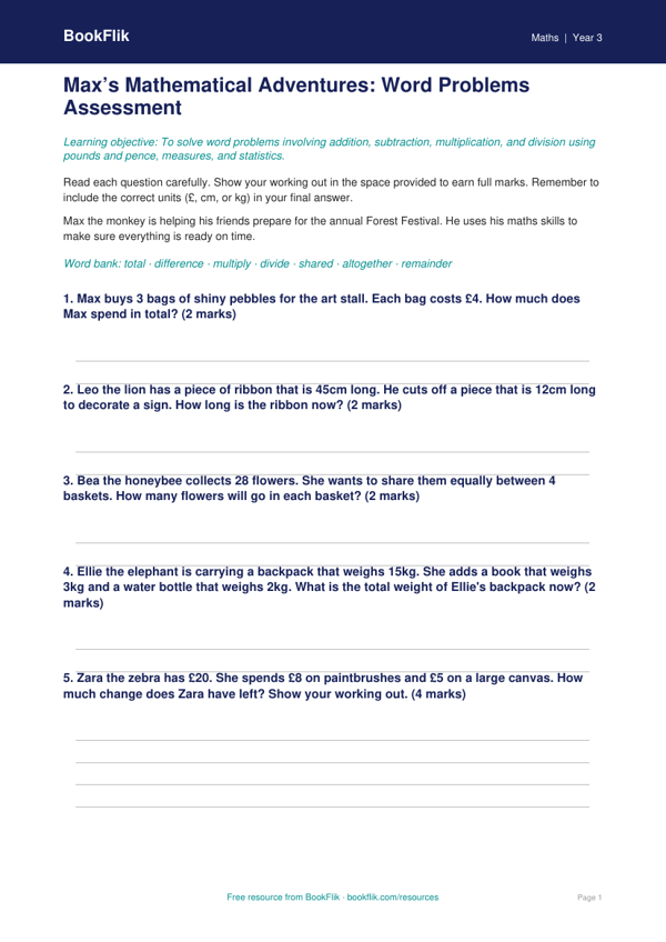 Free Year 3 Math Word Problems Worksheet | Printable PDF | BookFlik worksheet preview — Maths Word Problems