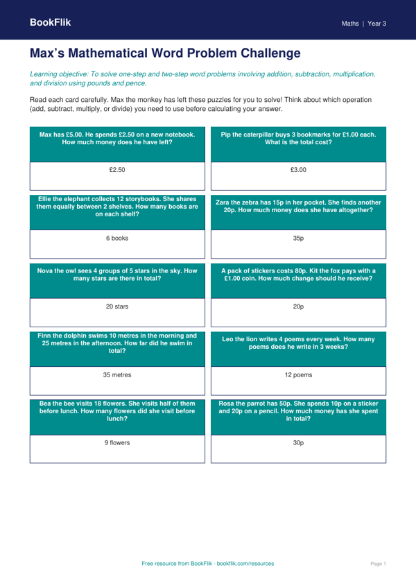 Free Word Problems Flashcards | Year 3 Core | BookFlik worksheet preview — Maths Word Problems