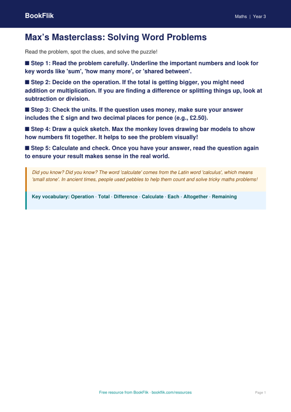 Free Word Problems Poster | Year 3 Core | BookFlik worksheet preview — Maths Word Problems