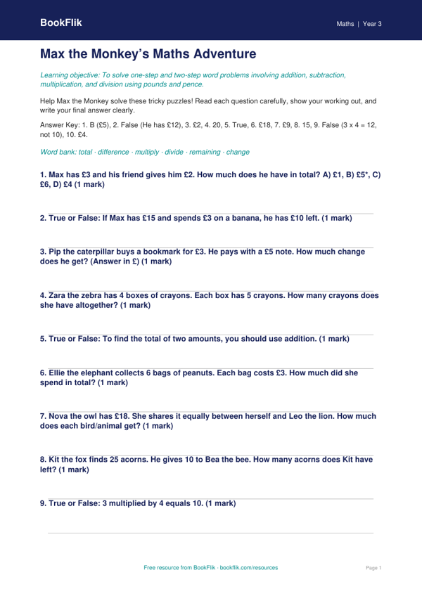 Free Word Problems Quiz | Year 3 Core | BookFlik worksheet preview — Maths Word Problems