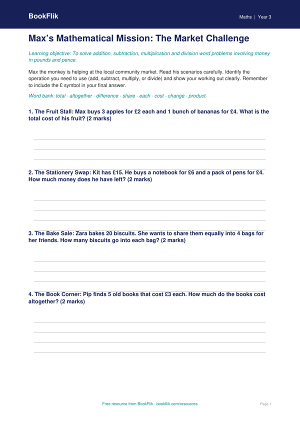 Free Word Problems Template | Year 3 Core | BookFlik worksheet preview — Maths Word Problems