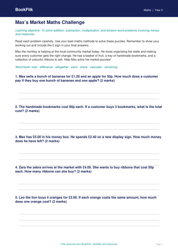 Free Word Problems Track Sheet | Year 3 Core | BookFlik worksheet preview — Maths Word Problems