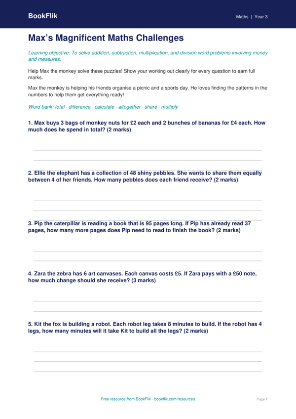Free Word Problems Worksheet | Year 3 Core | BookFlik worksheet preview — Maths Word Problems