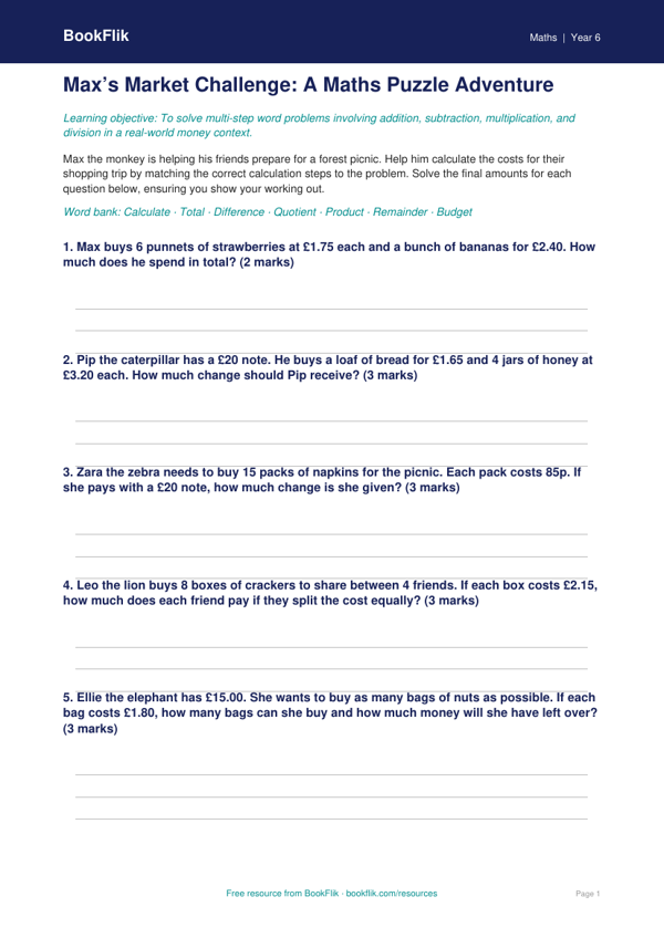 Free Word Problems Activity Sheet | Year 6 Core | BookFlik worksheet preview — Maths Word Problems