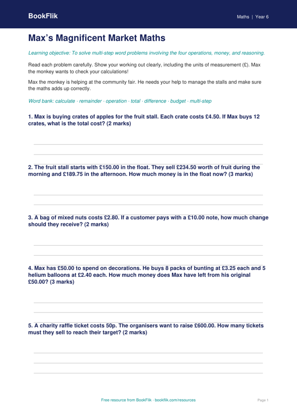 Free Word Problems Worksheet | Year 6 Core | BookFlik worksheet preview — Maths Word Problems