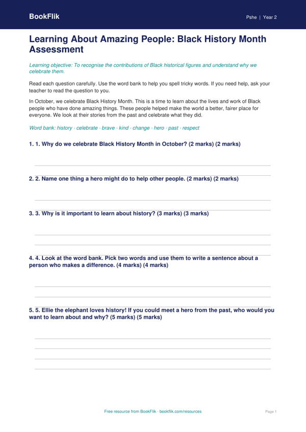 Free Black History Month Assessment | Year 2 Supported | BookFlik worksheet preview — Pshe Black History Month