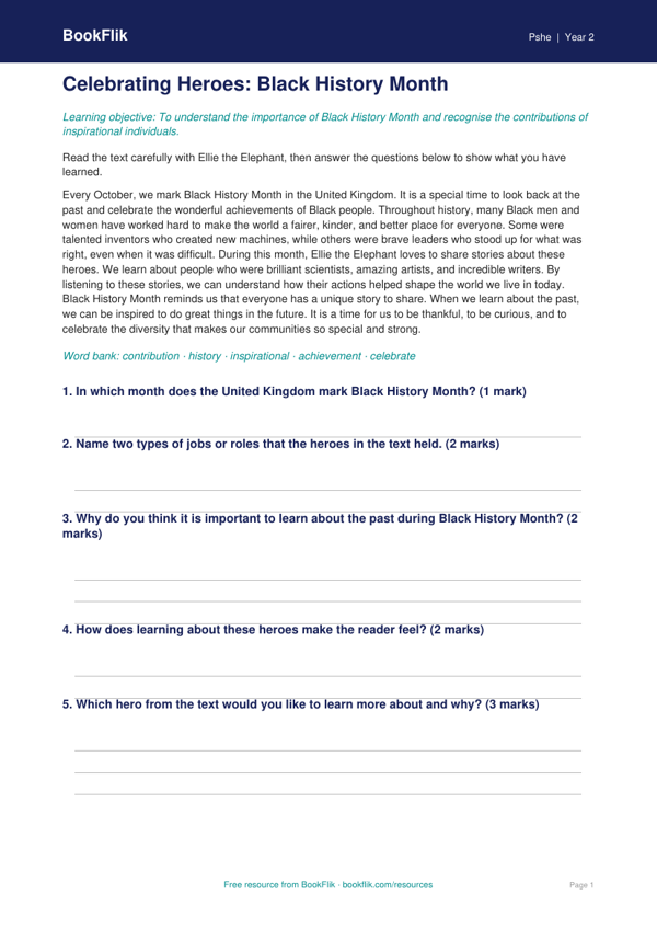 Free Black History Month Comprehension | Year 2 Core | BookFlik worksheet preview — Pshe Black History Month