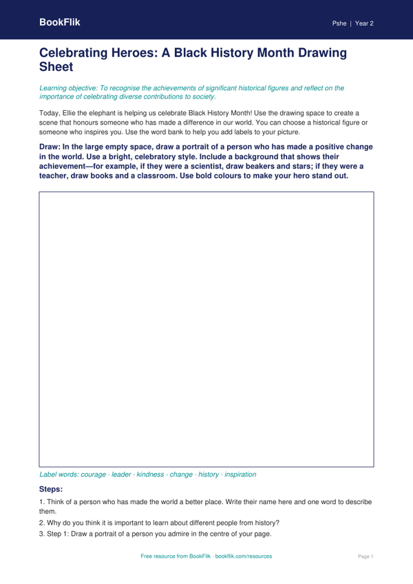 Free Black History Month Drawing Sheet | Year 2 Core | BookFlik worksheet preview — Pshe Black History Month