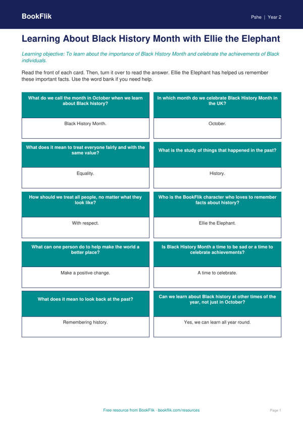 Free Black History Month Flashcards | Year 2 Supported | BookFlik worksheet preview — Pshe Black History Month