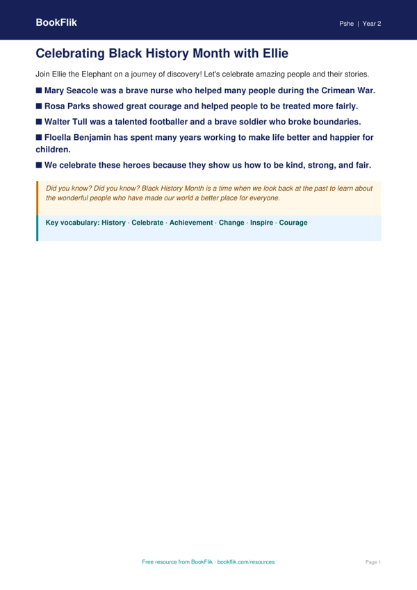 Free Black History Month Poster | Year 2 Supported | BookFlik worksheet preview — Pshe Black History Month
