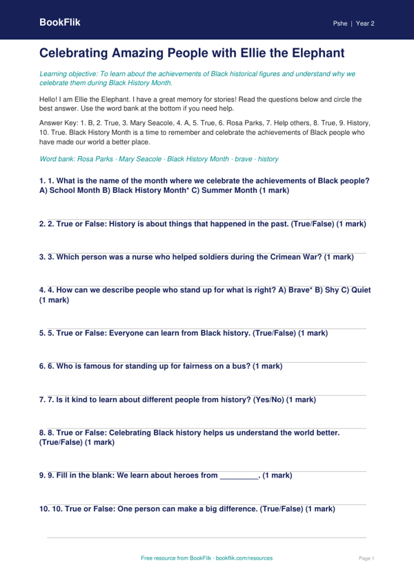 Free Black History Month Quiz | Year 2 Supported | BookFlik worksheet preview — Pshe Black History Month