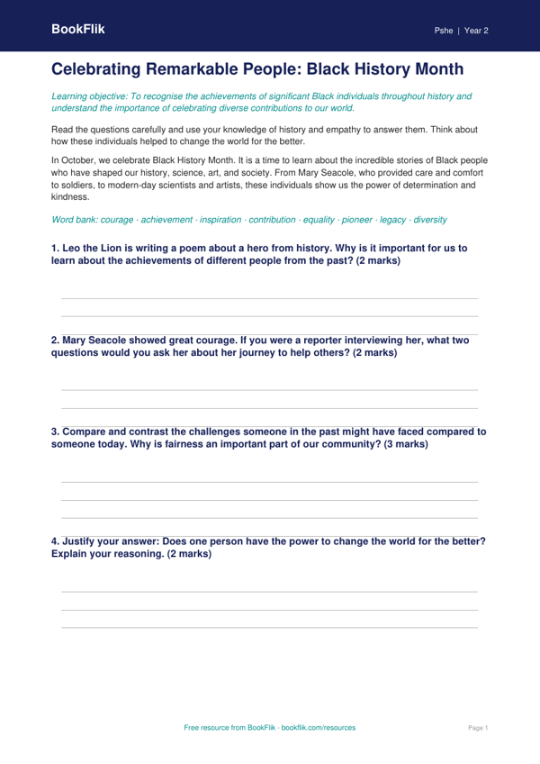 Free Black History Month Worksheet | Year 2 Greater Depth | BookFlik worksheet preview — Pshe Black History Month
