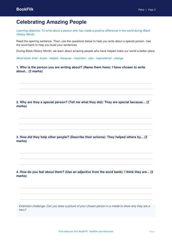 Free Black History Month Writing Frame | Year 2 Supported | BookFlik worksheet preview — Pshe Black History Month
