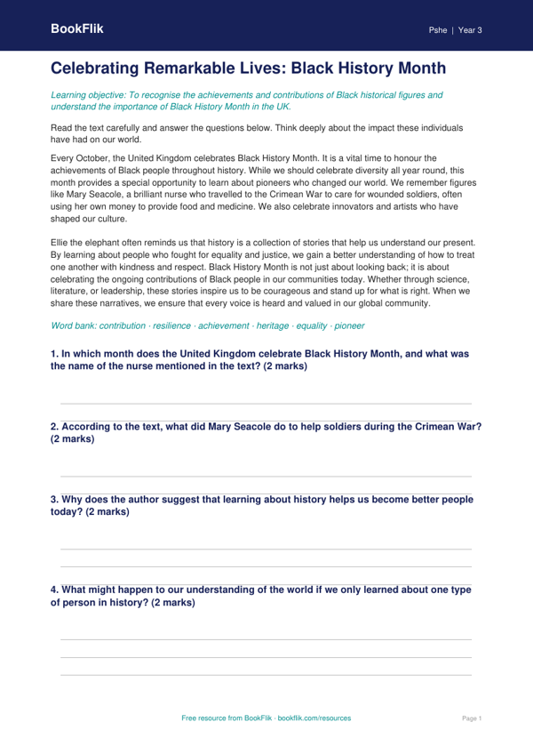 Free Black History Month Comprehension | Year 3 Greater Depth | BookFlik worksheet preview — Pshe Black History Month