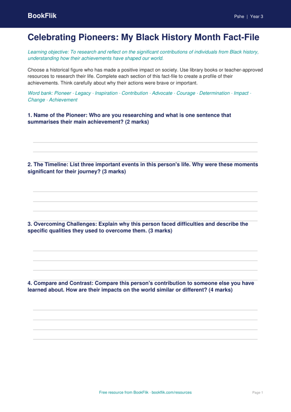 Free Black History Month Template | Year 3 Greater Depth | BookFlik worksheet preview — Pshe Black History Month