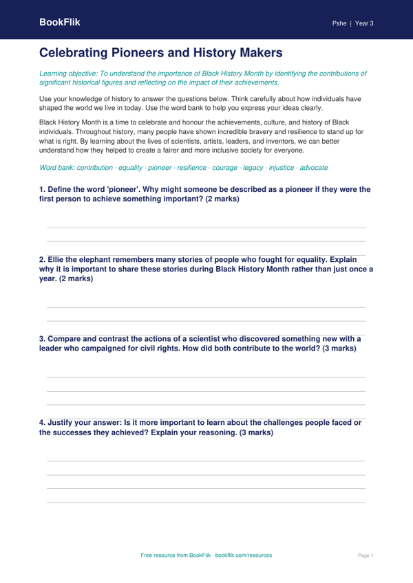 Free Black History Month Worksheet | Year 3 Greater Depth | BookFlik worksheet preview — Pshe Black History Month