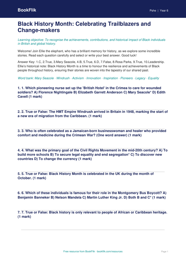 Free Black History Month Quiz | Year 6 Greater Depth | BookFlik worksheet preview — Pshe Black History Month
