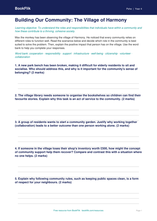 Free Community Activity Sheet | Year 4 Greater Depth | BookFlik worksheet preview — Pshe Community