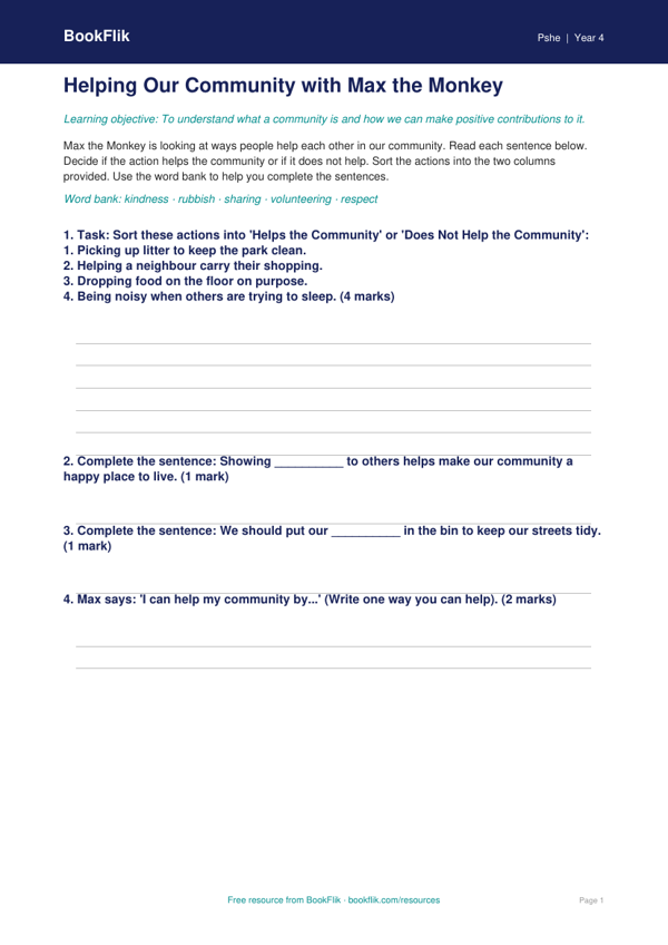 Free Community Activity Sheet | Year 4 Supported | BookFlik worksheet preview — Pshe Community