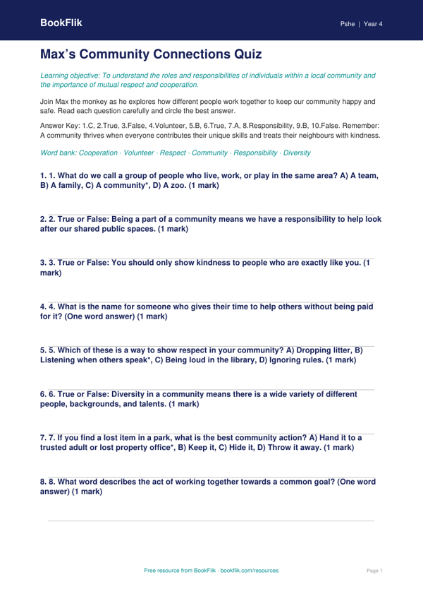 Free Community Quiz | Year 4 Greater Depth | BookFlik worksheet preview — Pshe Community