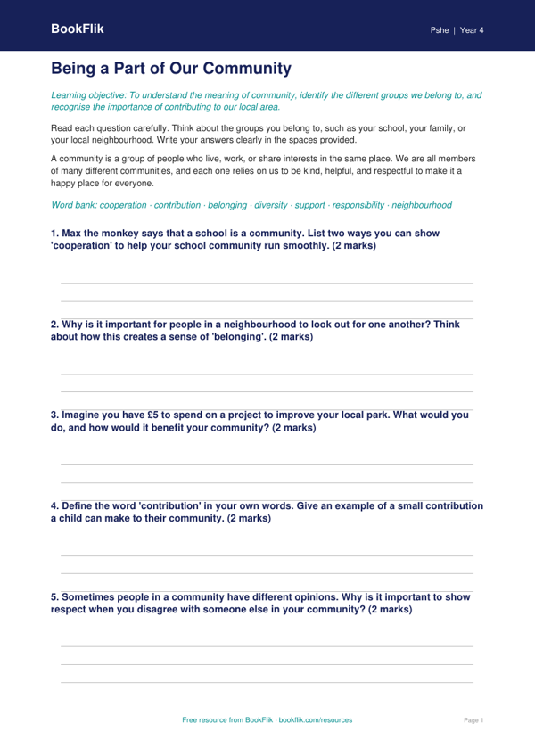 Free Community Worksheet | Year 4 Core | BookFlik worksheet preview — Pshe Community