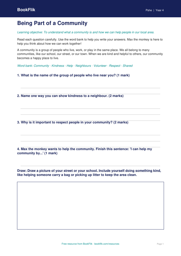 Free Community Worksheet | Year 4 Supported | BookFlik worksheet preview — Pshe Community