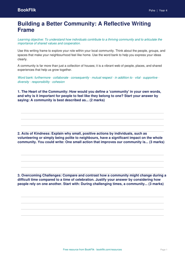 Free Community Writing Frame | Year 4 Greater Depth | BookFlik worksheet preview — Pshe Community