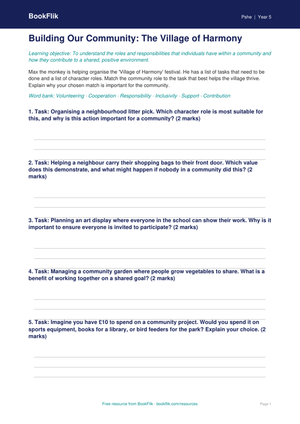 Free Community Activity Sheet | Year 5 Core | BookFlik worksheet preview — Pshe Community