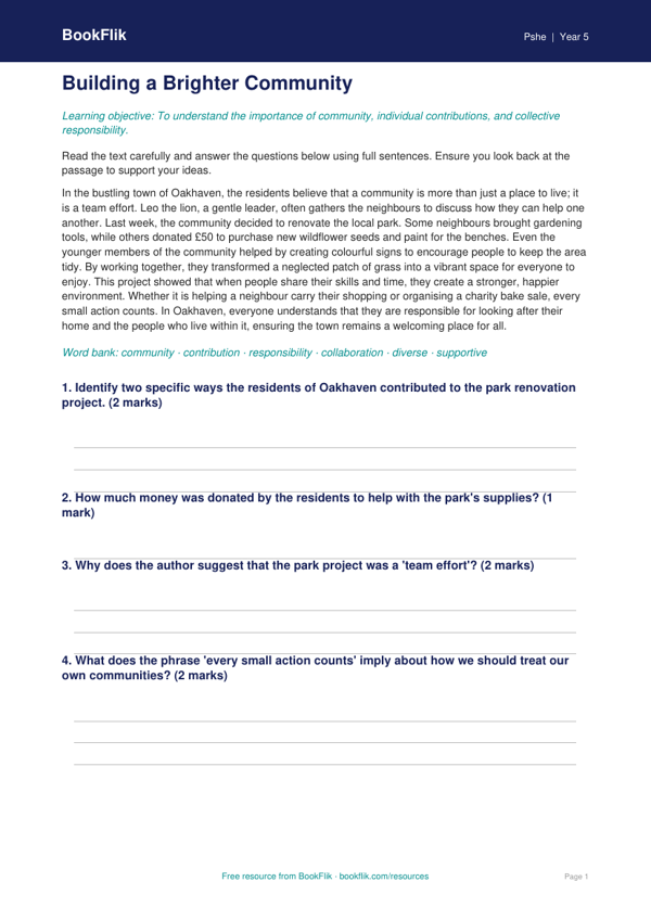 Free Community Comprehension Worksheet | Year 5 Core | BookFlik worksheet preview — Pshe Community