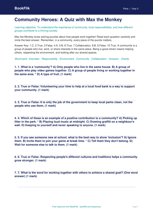 Free Community Quiz | Year 5 Core | BookFlik worksheet preview — Pshe Community