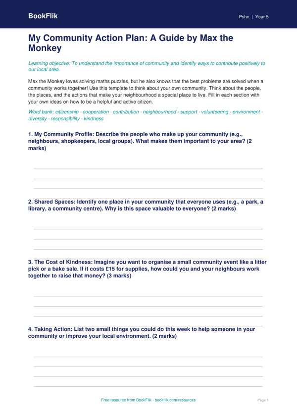 Free Community Template | Year 5 Core | BookFlik worksheet preview — Pshe Community