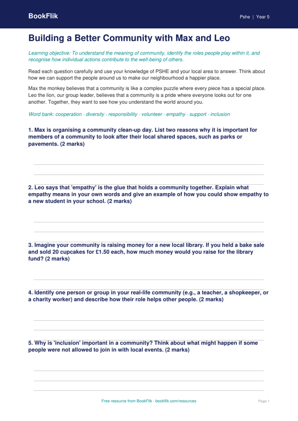 Free Community Worksheet | Year 5 Core | BookFlik worksheet preview — Pshe Community