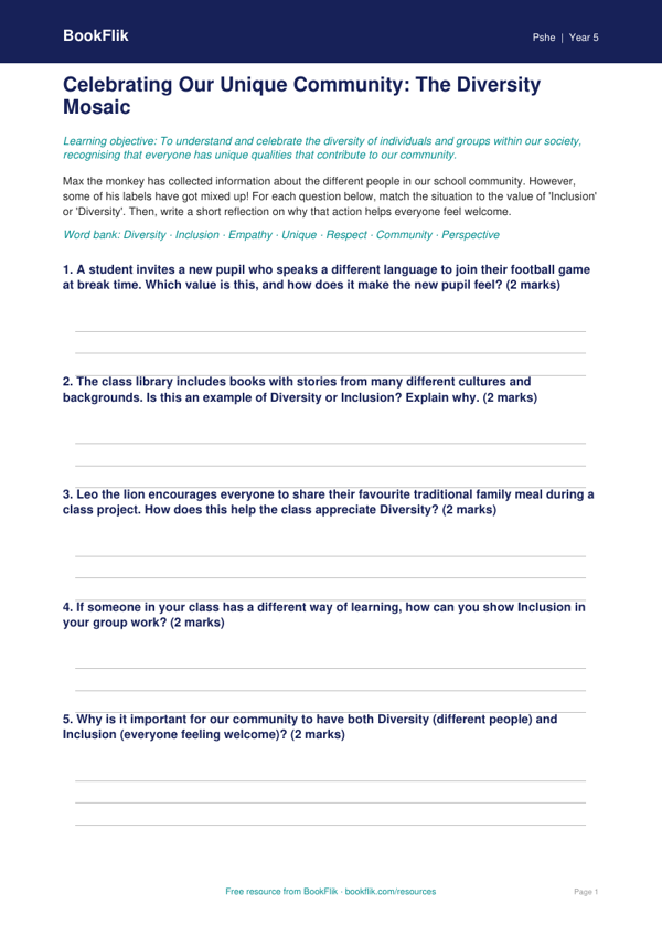 Free Diversity And Inclusion Activity Sheet | Year 5 Core | BookFlik worksheet preview — Pshe Diversity And Inclusion