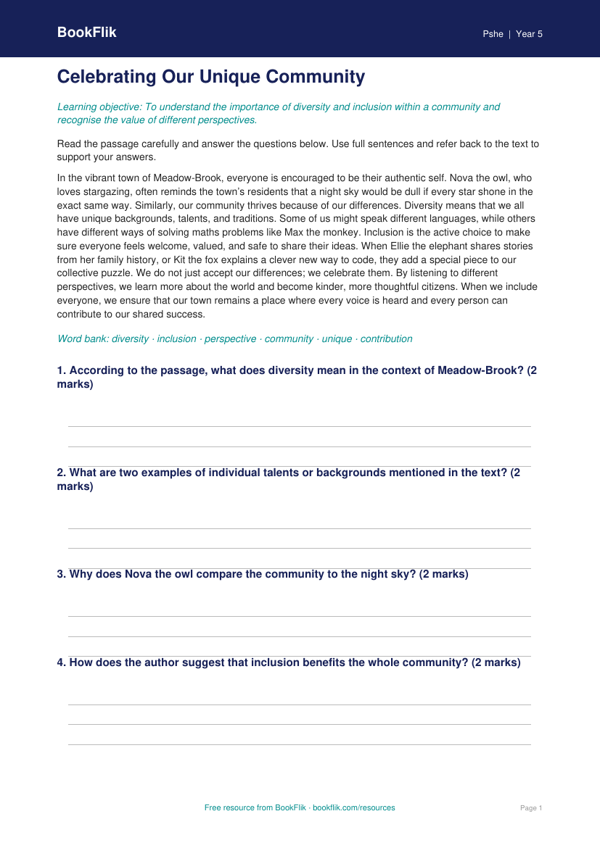 Free Diversity And Inclusion Comprehension | Year 5 Core | BookFlik worksheet preview — Pshe Diversity And Inclusion