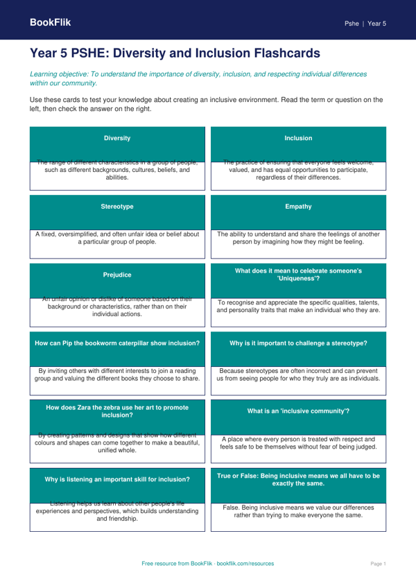 Free Diversity And Inclusion Flashcards | Year 5 Core | BookFlik worksheet preview — Pshe Diversity And Inclusion