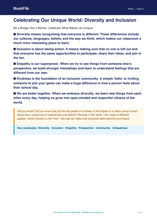 Free Diversity And Inclusion Poster | Year 5 Core | BookFlik worksheet preview — Pshe Diversity And Inclusion