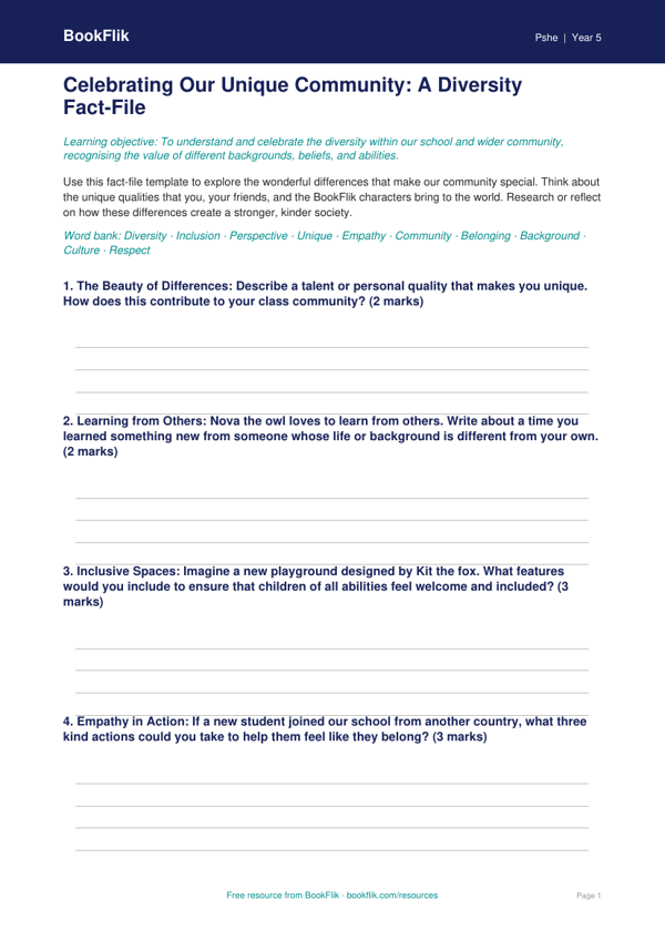Free Diversity And Inclusion Template | Year 5 Core | BookFlik worksheet preview — Pshe Diversity And Inclusion