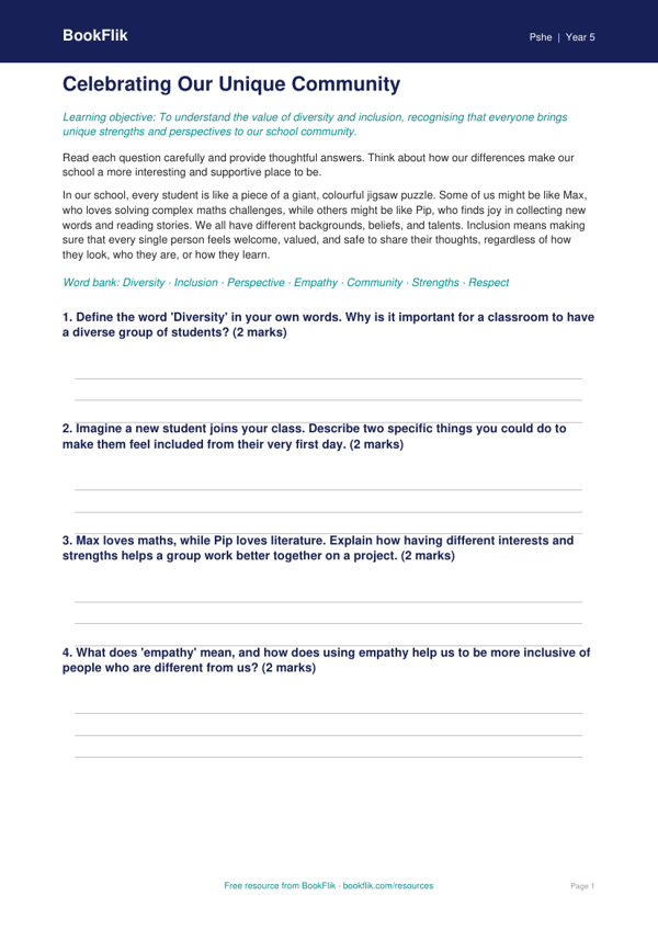 Free Diversity And Inclusion Worksheet | Year 5 Core | BookFlik worksheet preview — Pshe Diversity And Inclusion