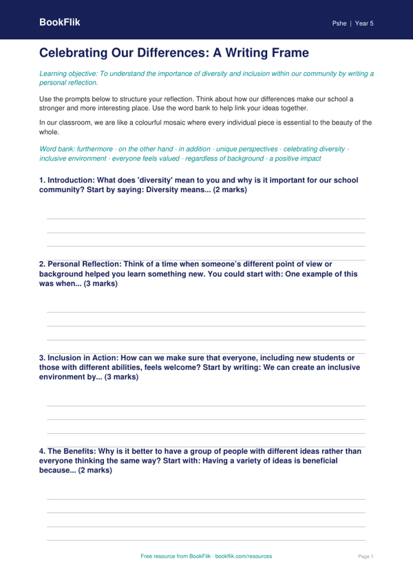 Free Diversity And Inclusion Writing Frame | Year 5 Core | BookFlik worksheet preview — Pshe Diversity And Inclusion
