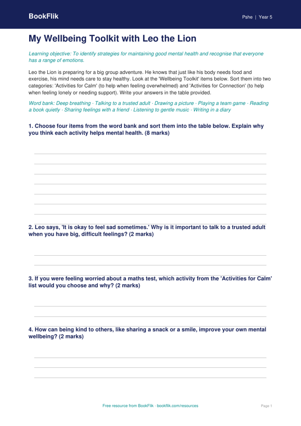 Free Mental Health Activity Sheet | Year 5 Core | BookFlik worksheet preview — Pshe Mental Health
