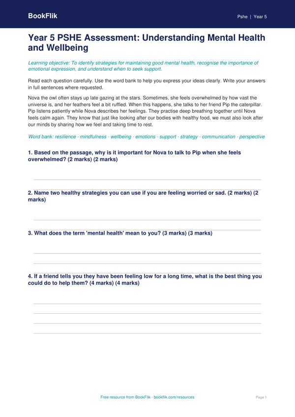 Free Mental Health Assessment Worksheet | Year 5 Core | BookFlik worksheet preview — Pshe Mental Health