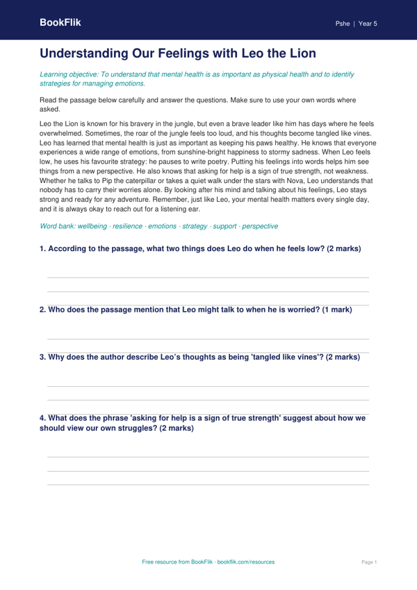 Free Mental Health Comprehension | Year 5 Core | BookFlik worksheet preview — Pshe Mental Health