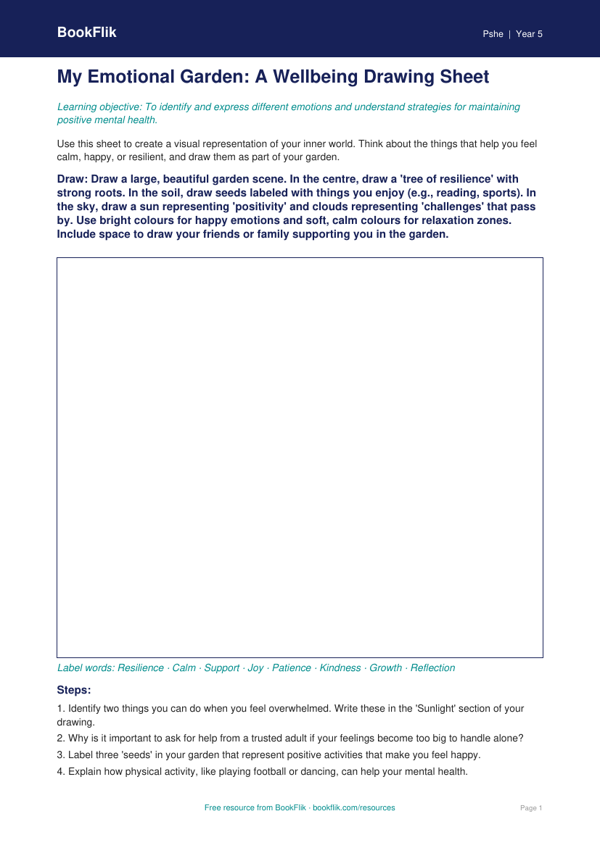 Free Mental Health Drawing Sheet | Year 5 Core | BookFlik worksheet preview — Pshe Mental Health