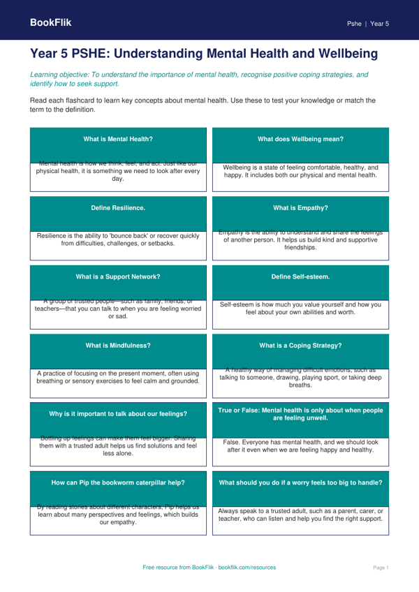 Free Mental Health Flashcards | Year 5 Core | BookFlik worksheet preview — Pshe Mental Health