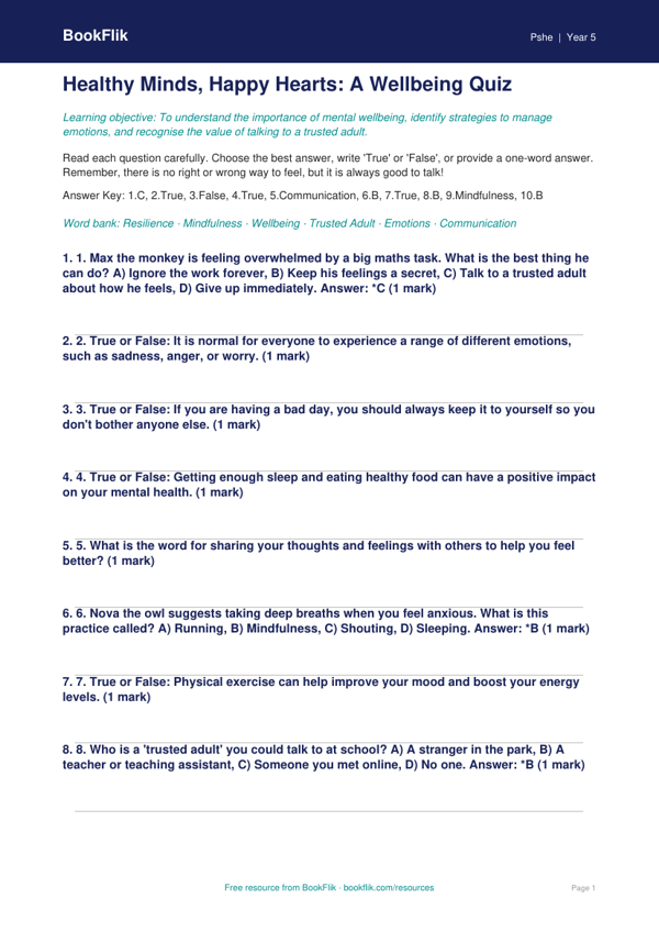 Free Mental Health Quiz | Year 5 Core | BookFlik worksheet preview — Pshe Mental Health