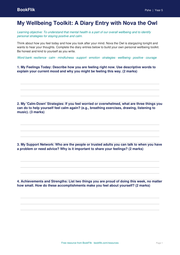 Free Mental Health Worksheet | Year 5 Core | BookFlik worksheet preview — Pshe Mental Health